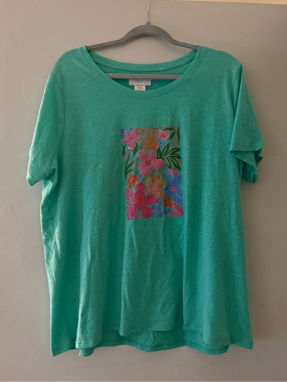 Stella Parker Floral Graphic Tee in Aqua - Short Sleeve XXL